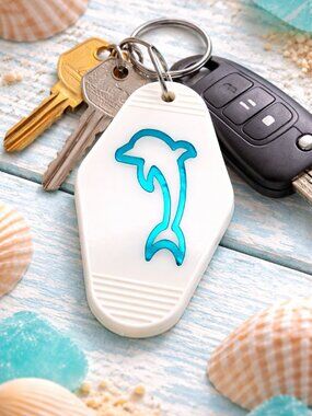 Retro Dolphin Keychain Holographic Blue Resin Beachy Motel Charm Cute